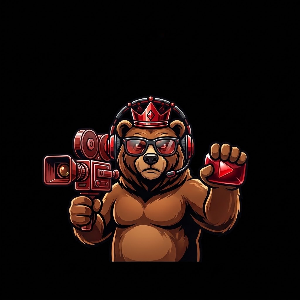 Mascote urso da NetMax com câmera e símbolo de reprodução